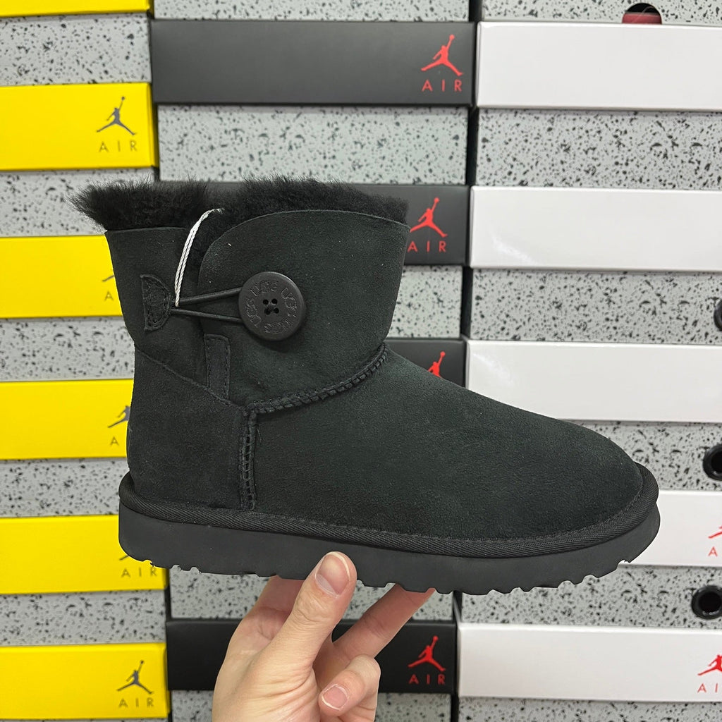 UGG Kallen Lace Mini Boot – Suede Ankle Boot with Tonal Shearling Cuff & Button Closure in Black