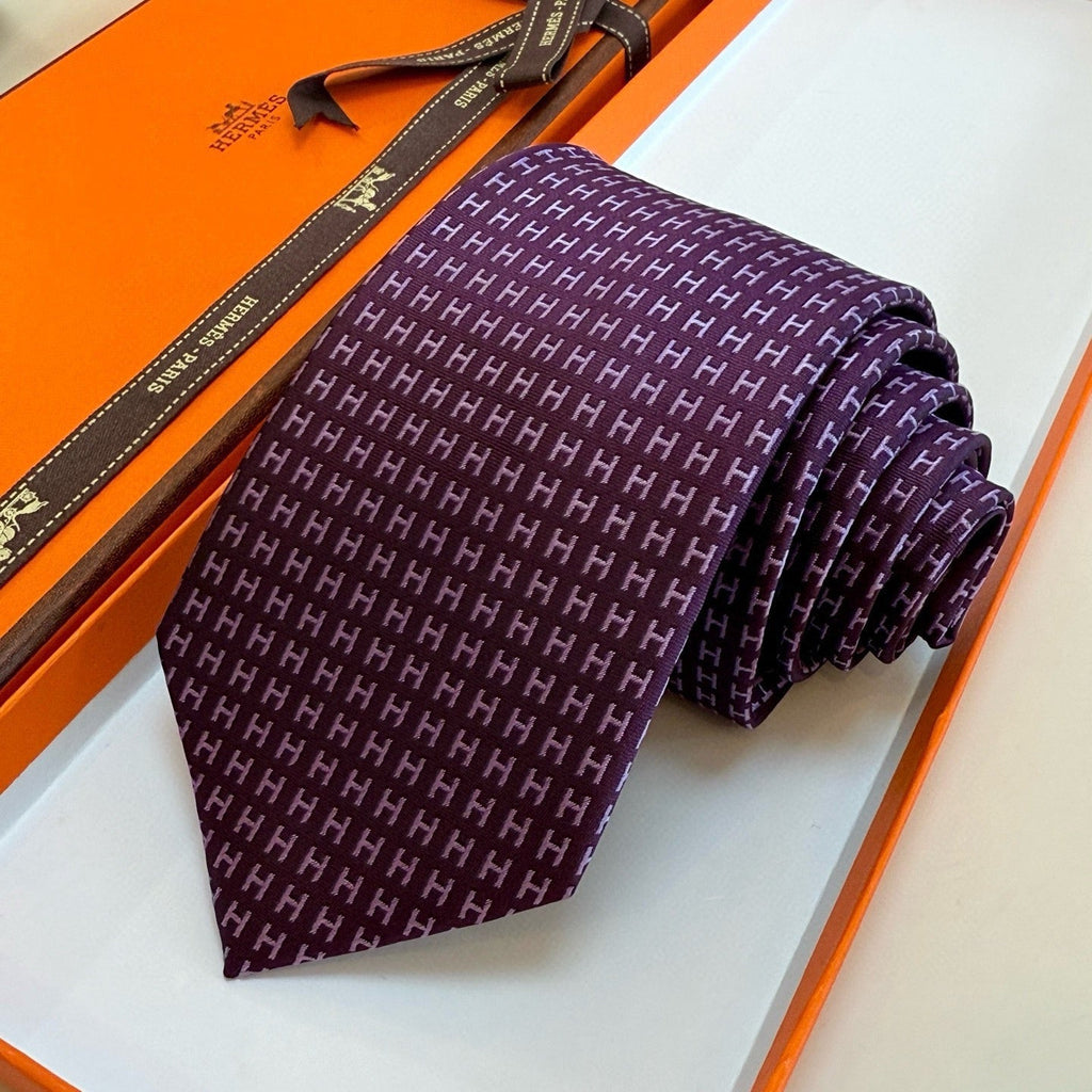 Hermes Style Men's Micro H Jacquard Silk Tie