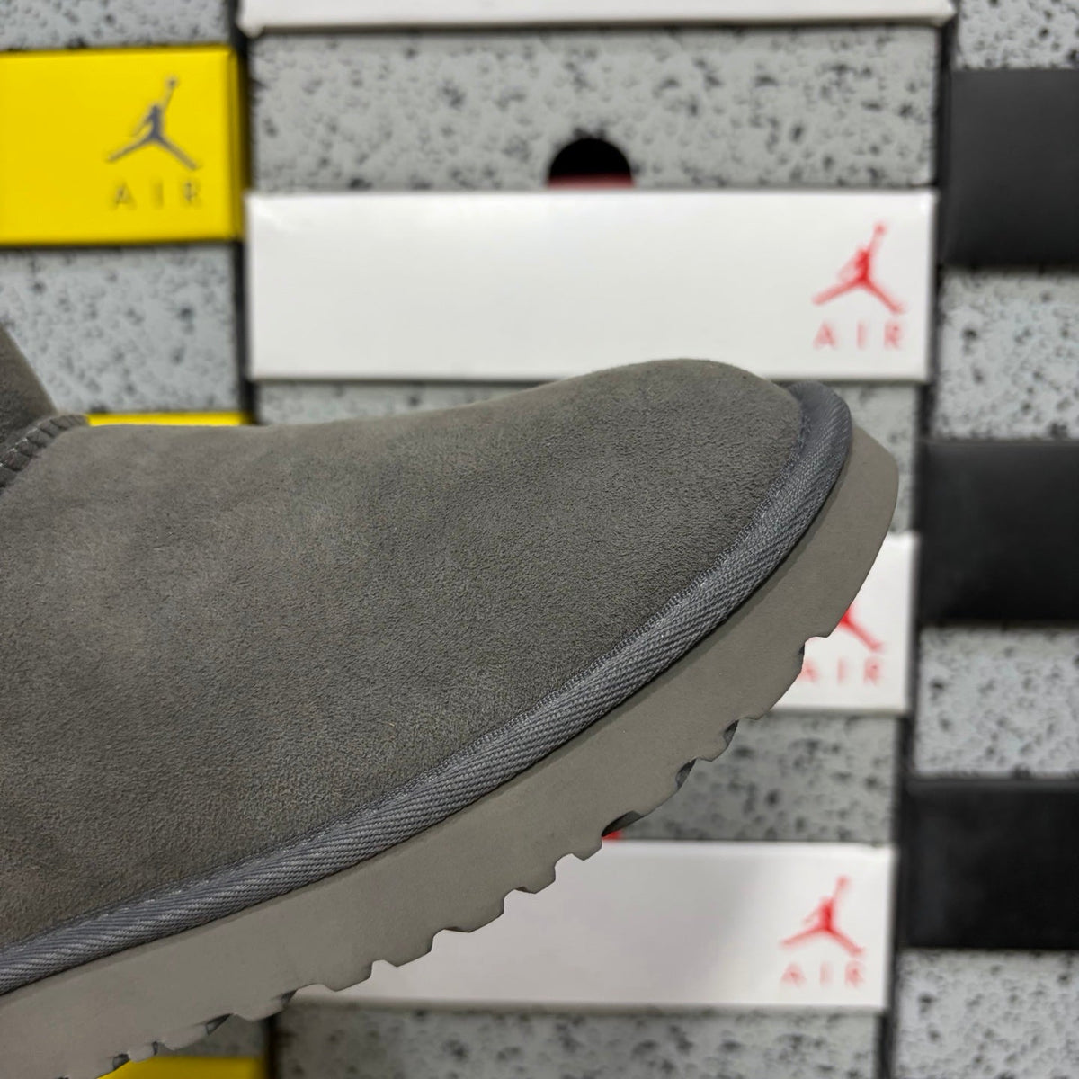 UGG Mini Bailey Bow Ankle Boot – Suede Boot with Tonal Grey Shearling Lining, Grey Satin Bow & Grey Lug Sole in Grey