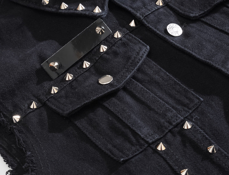 Studded Biker Distressed Raw-Edge Denim Vest Unisex