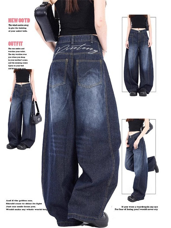 Y2K Vintage Ripped Curved Baggy Wide Leg Jeans Big Pocket Streetwear