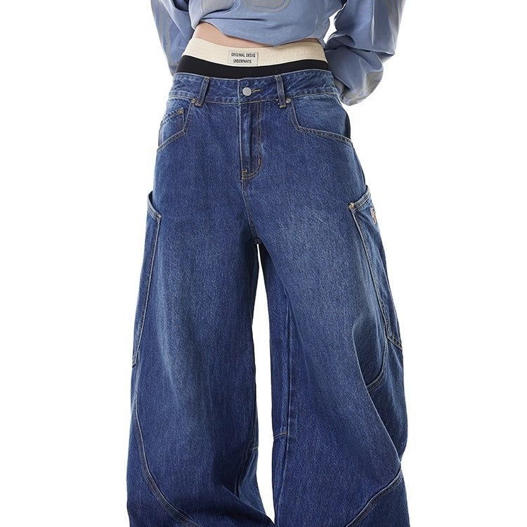 Y2K Vintage Ripped Curved Baggy Wide Leg Jeans Big Pocket Streetwear