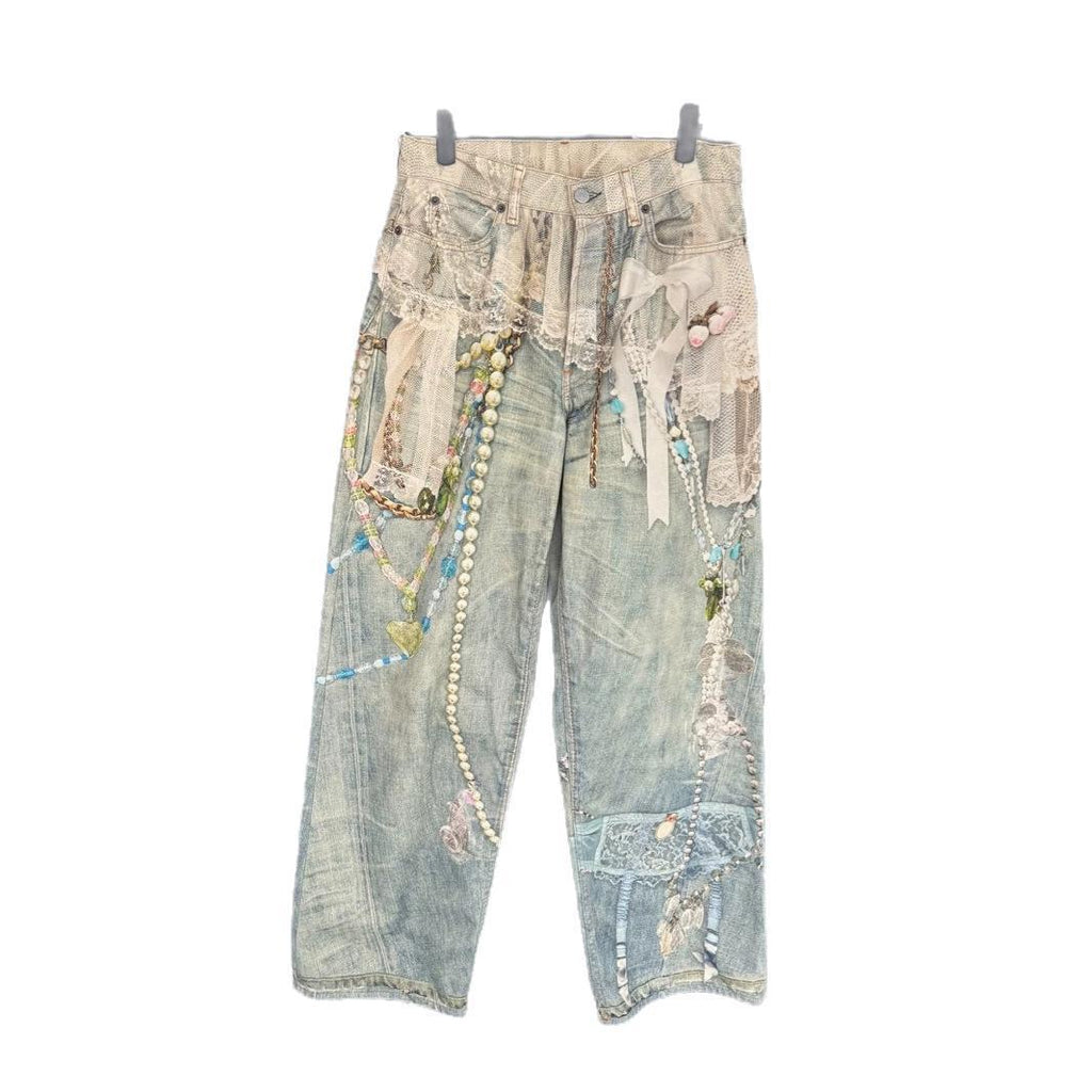 Vintage 3D Print Pearl Chain Curved Baggy Wide Leg Jeans Streetwear