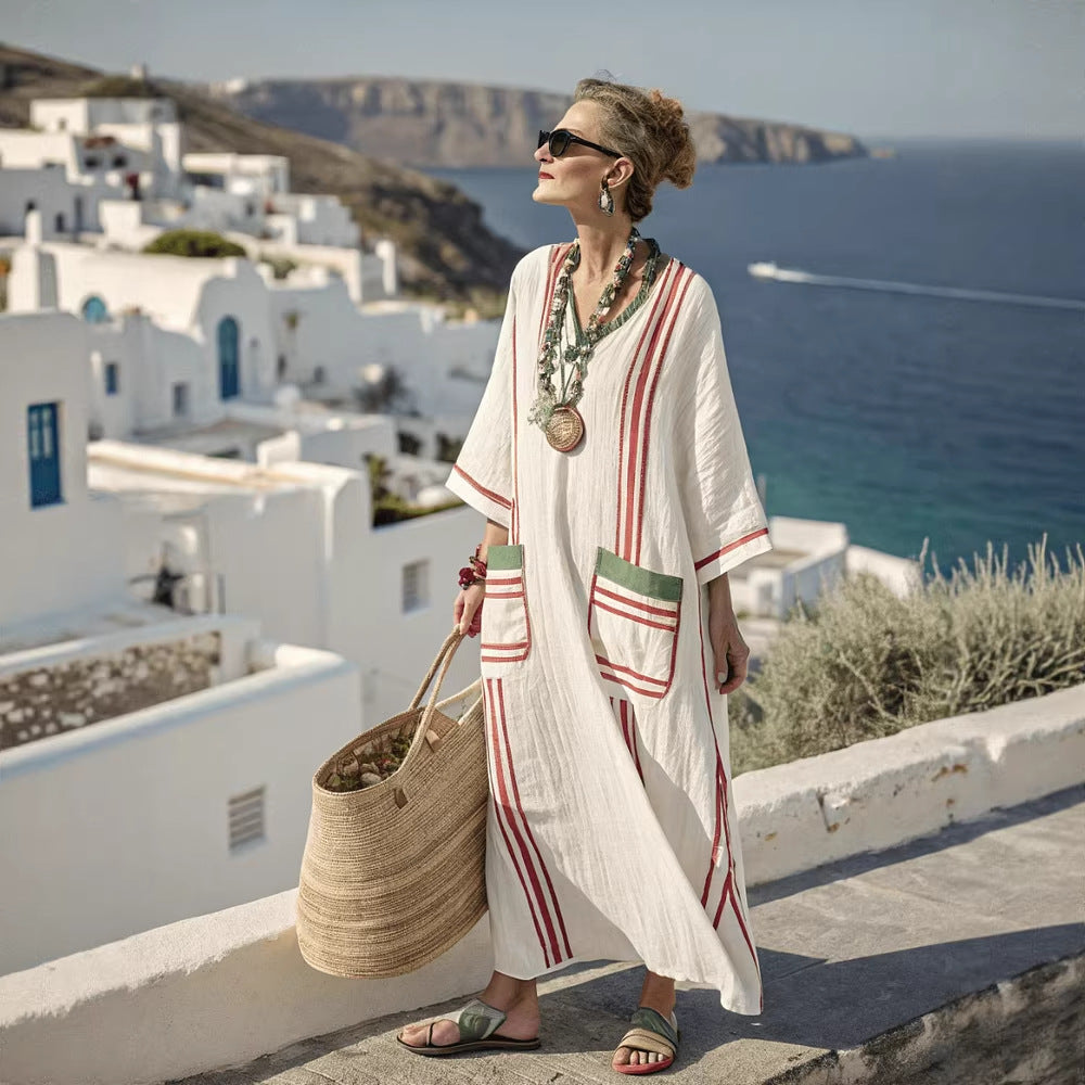 Women's Boho Striped V-Neck Patch-Pocket Kaftan Maxi Dress