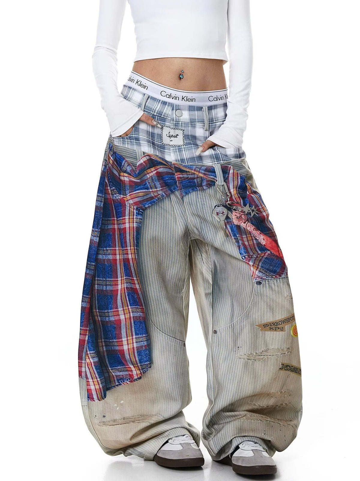 Vintage 3D Print Pearl Chain Curved Baggy Wide Leg Jeans Streetwear