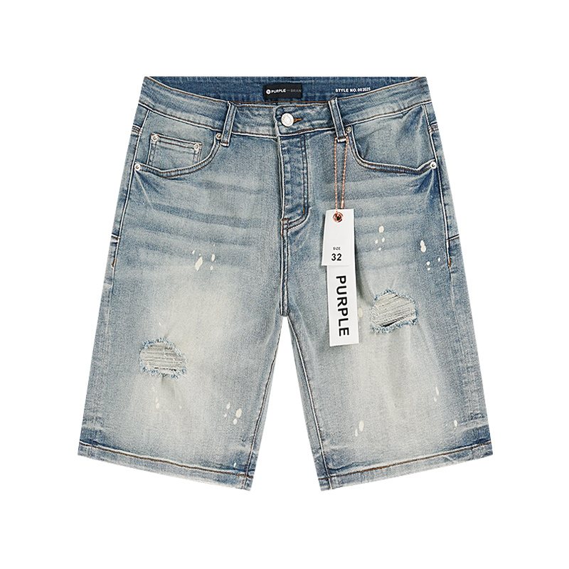 Purple Brand Light Blue Paint-Splatter Denim Shorts