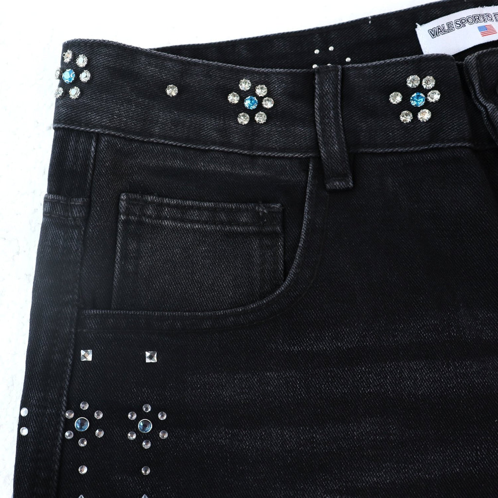 Vale Forever Rhinestone Side-Detail Washed Denim Shorts