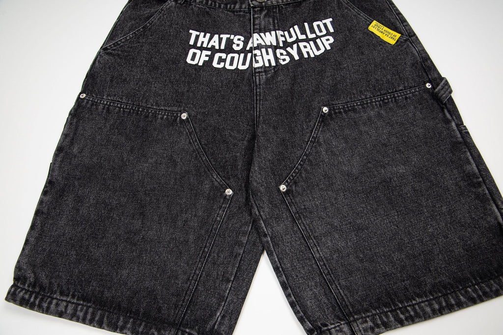 THAT'S A AWFUL LOT OF COUGH SYRUP Washed Denim Graphic Shorts