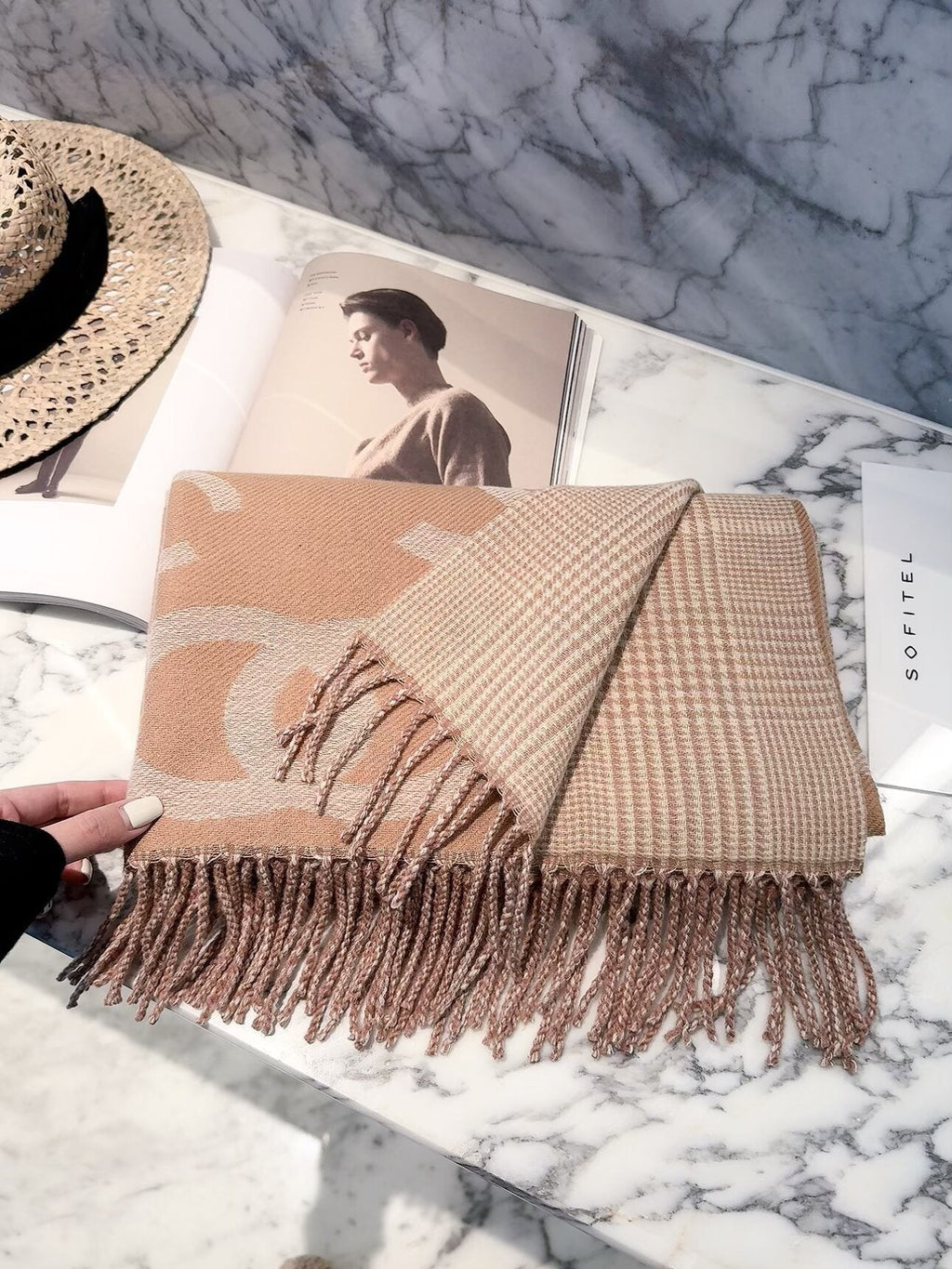 Chanel Style Oversized Logo Check Fringe Scarf