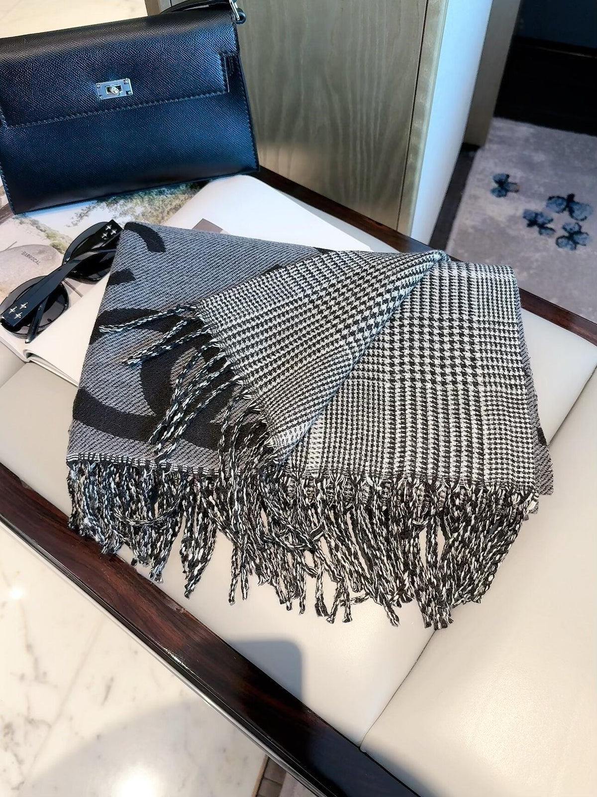 Chanel Style Oversized Logo Check Fringe Scarf