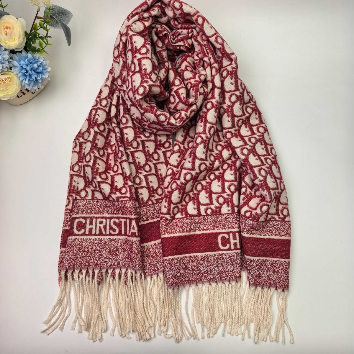 Dior Style Oblique Logo Fringe Scarf