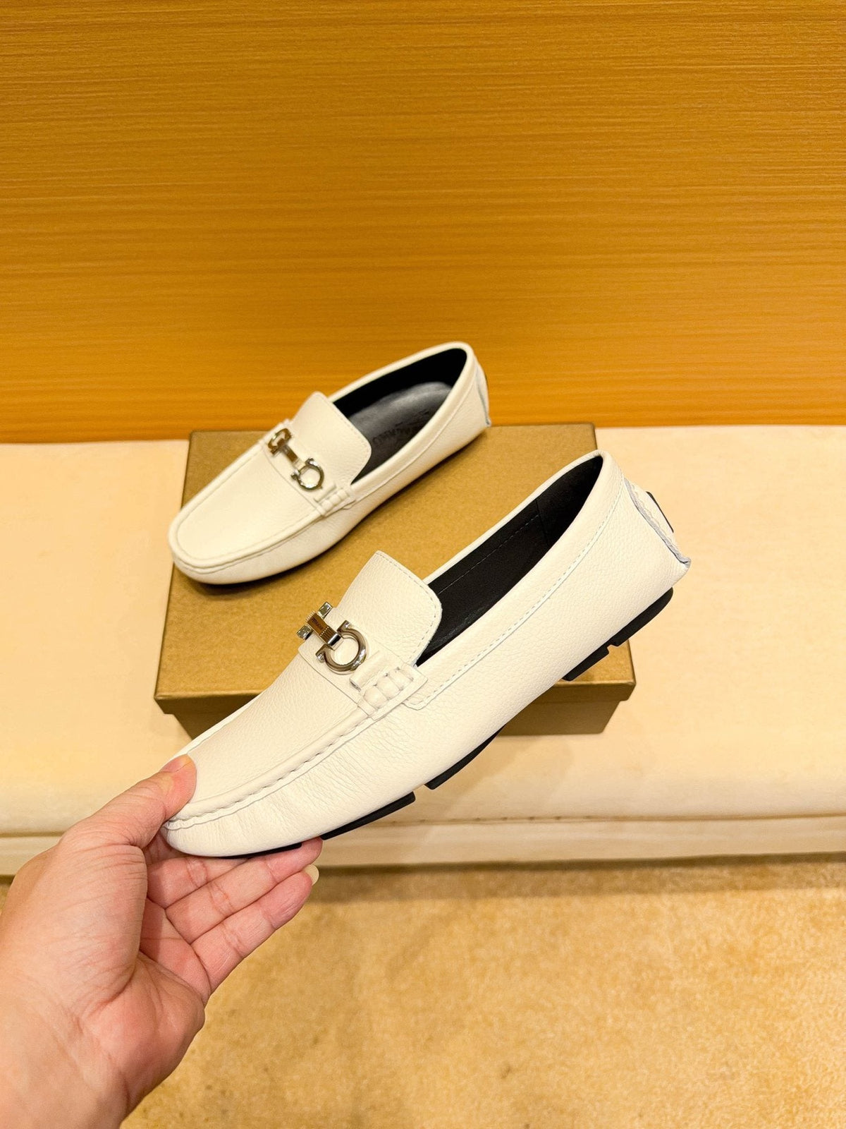 Ferragamo White Metal-Accent Loafers