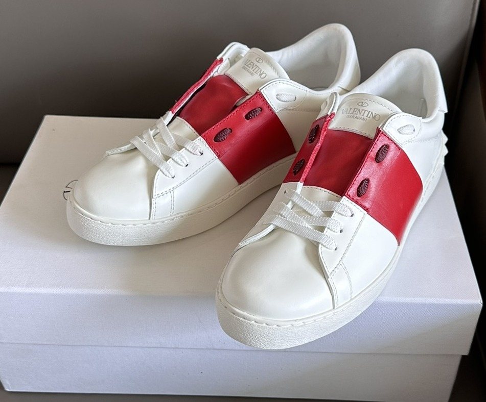 Valentino White and Red Studded Low-Top Sneakers