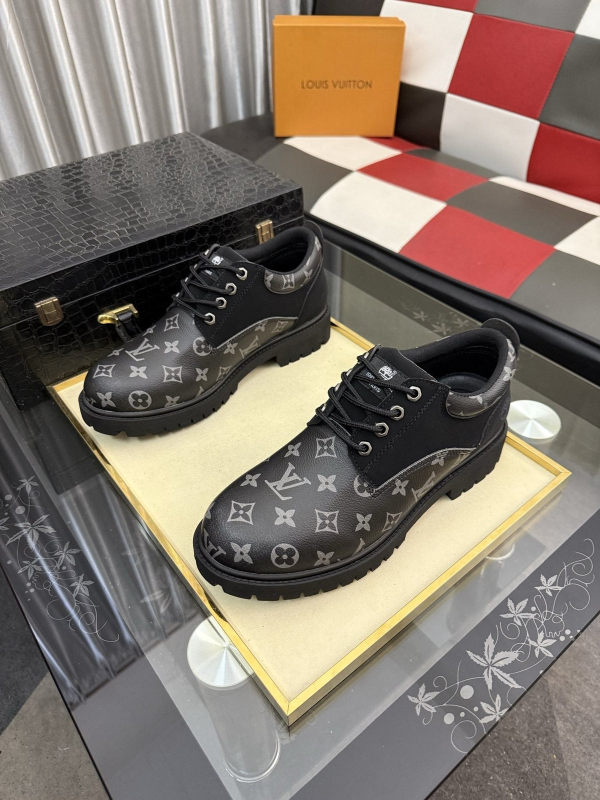 Louis Vuitton Black & Dark Gray Monogram Lace-Up Shoes