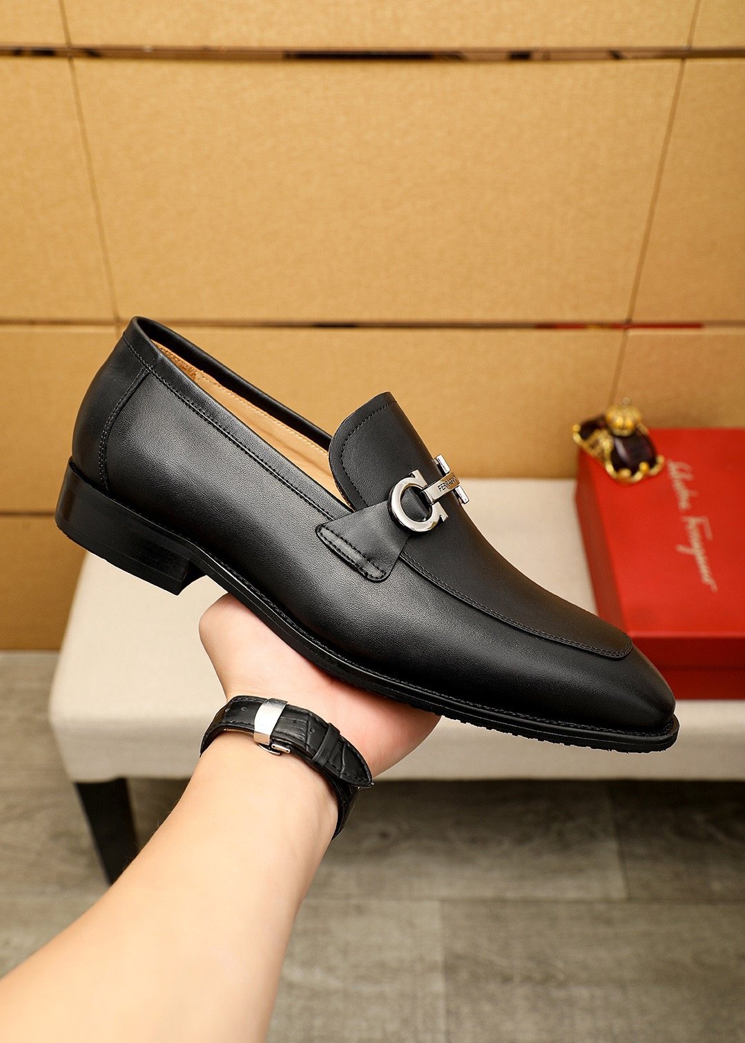 Ferragamo Black Leather Bit Loafers - Almond Toe