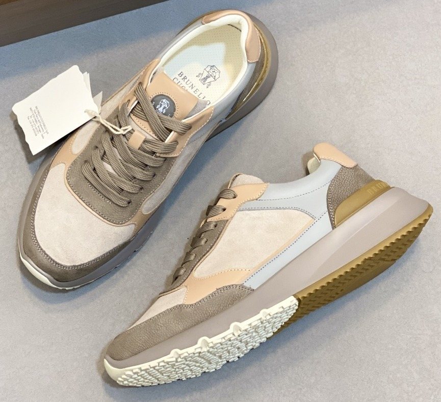 Brunello Cucinelli Cream and Gray Low-Top Sneakers