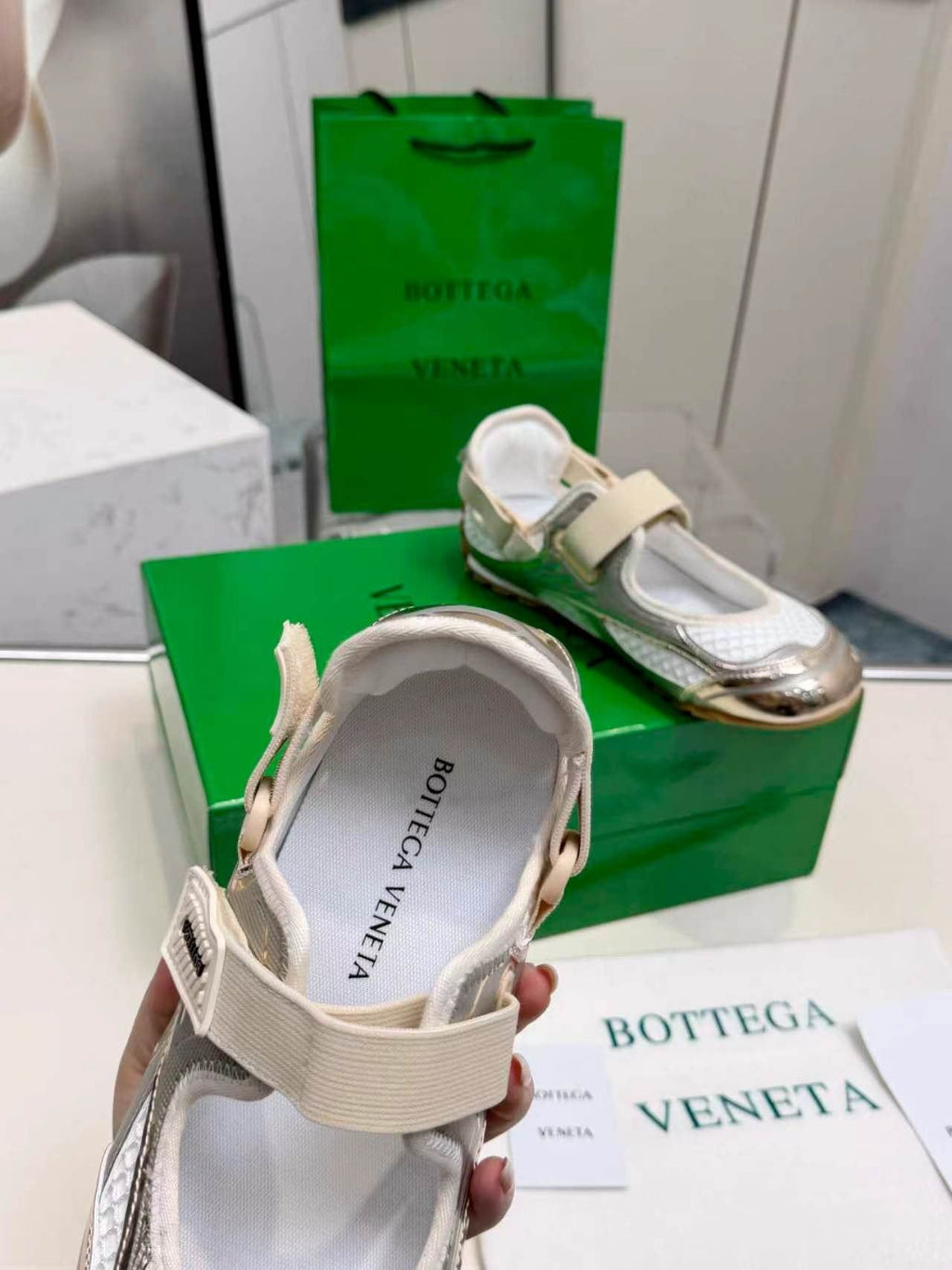 Bottega Veneta White & Silver Strap Low-Top Sneakers