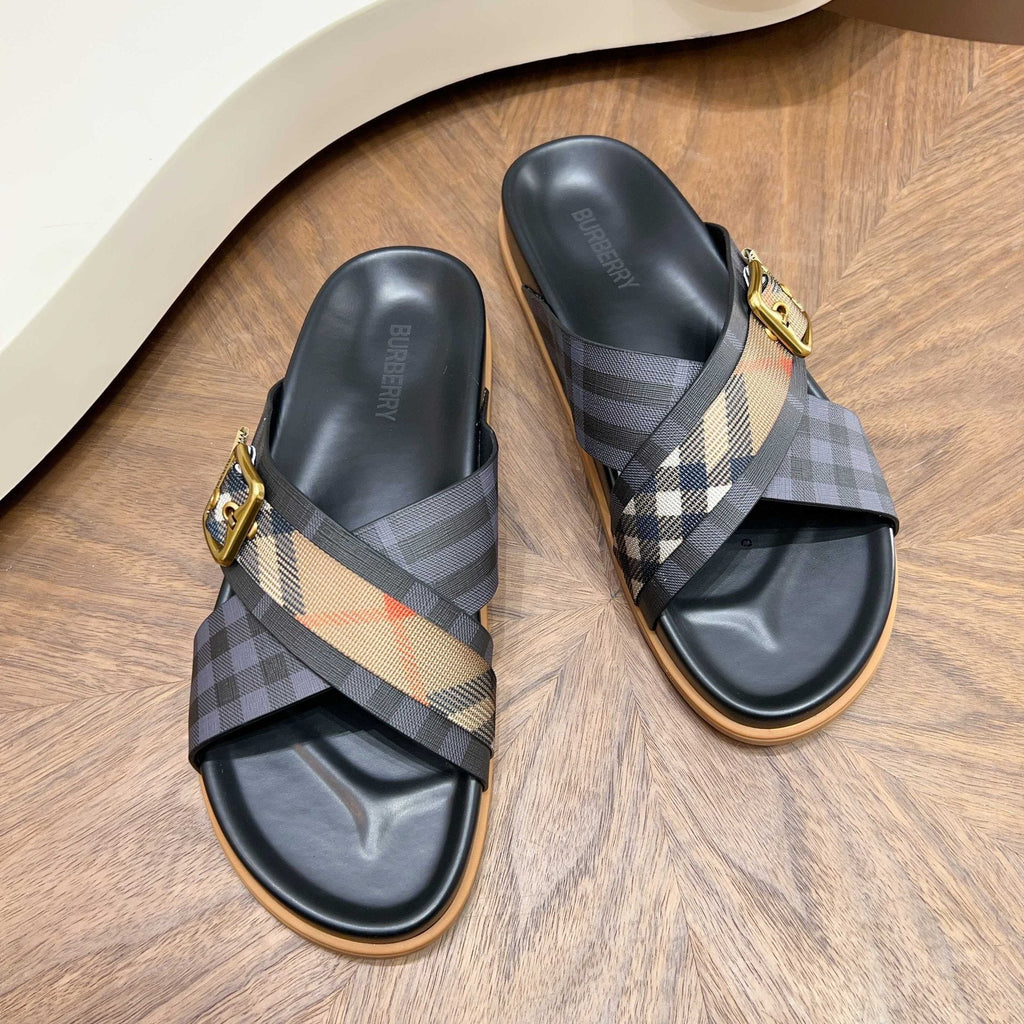 Burberry Charcoal Check Buckle Slide Sandals - Black and Charcoal Check