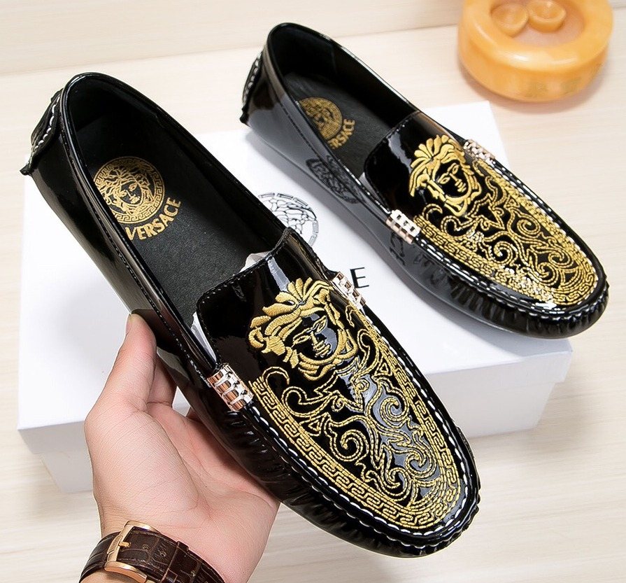 Versace Black Loafers with Gold Embroidery