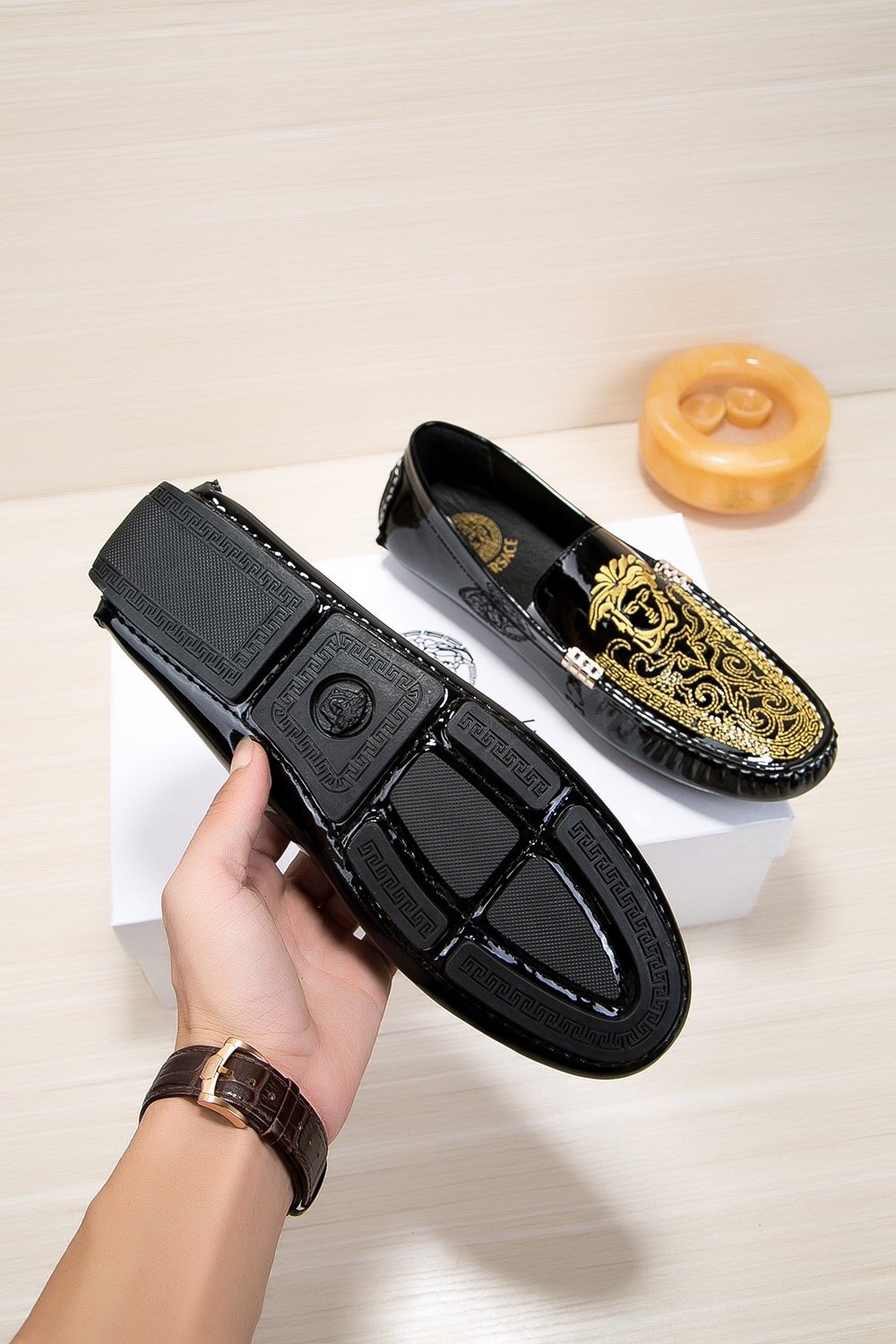 Versace Black Loafers with Gold Embroidery