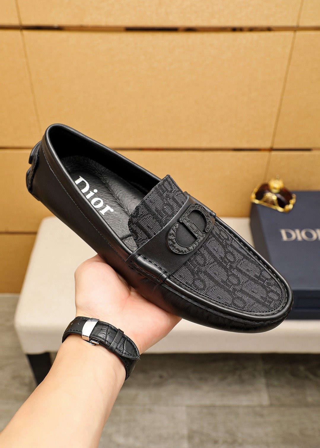 Dior Black Embossed Buckle Loafers