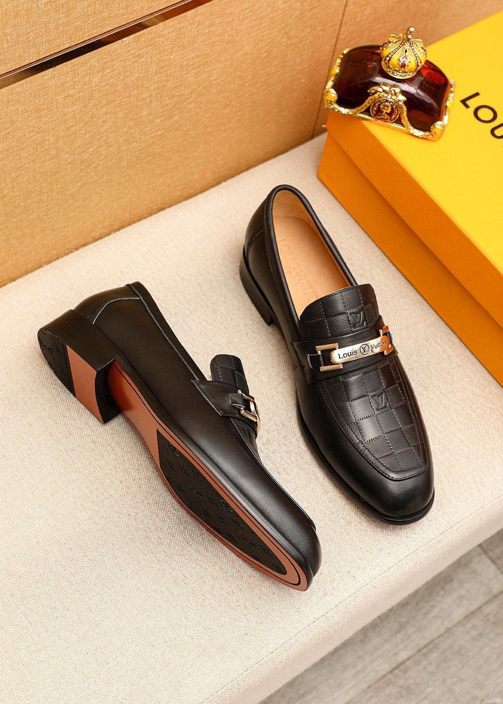 Louis Vuitton Black Embossed Loafers - Metal Bar Vamp Detail