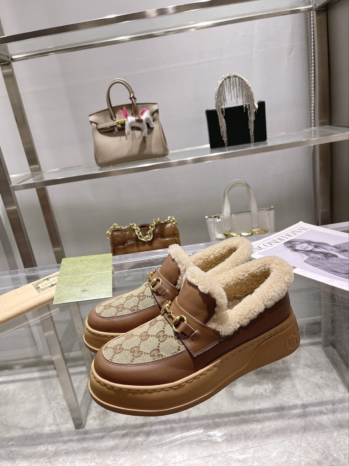 Gucci Patterned Plush-Trim Slip-On Snow Boots