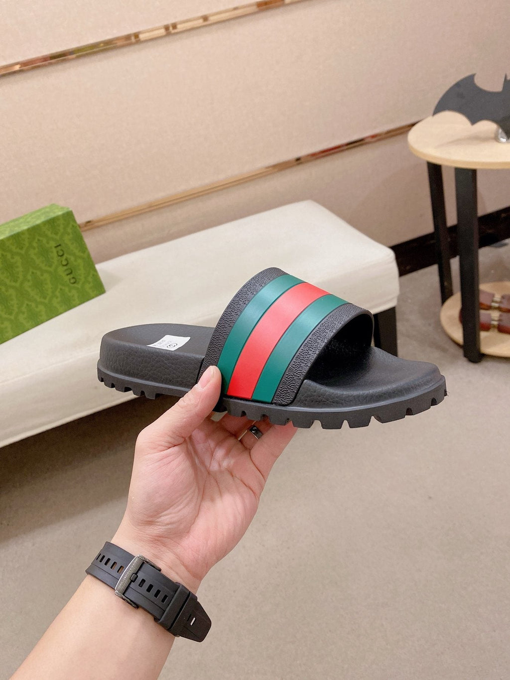 Gucci Green-Red Stripe Slide Sandals