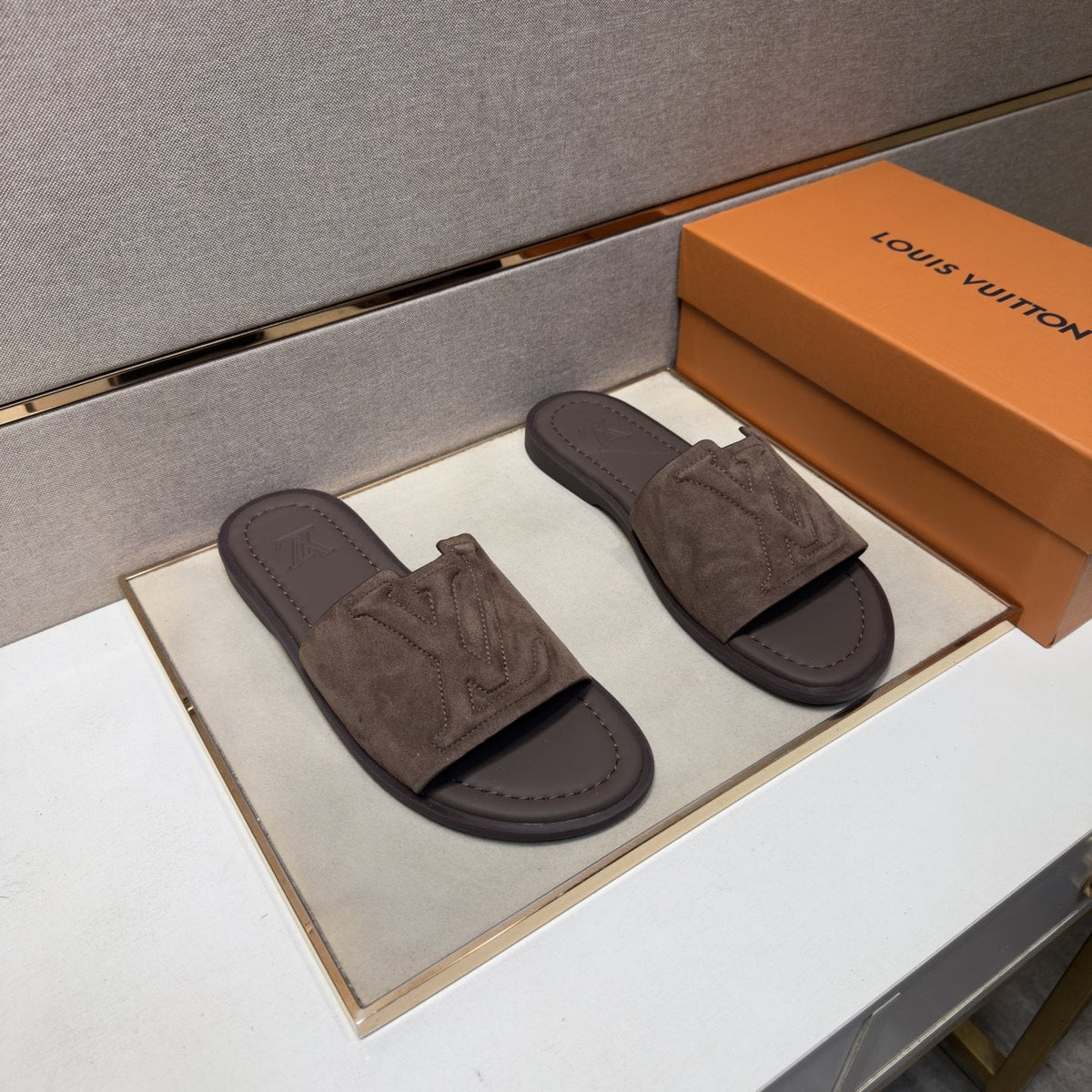 Louis Vuitton Men's Embossed Strap Slide Sandals - Leather Lining