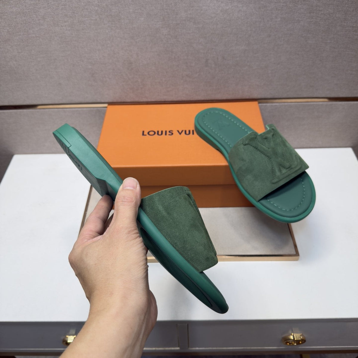 Louis Vuitton Men's Embossed Strap Slide Sandals - Leather Lining